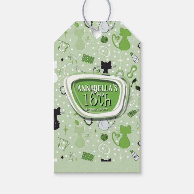 Étiquettes-cadeau Mid Century Green Heart Cats Birthday (Devant)