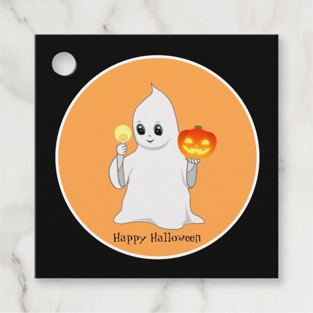 Étiquettes Cadeau Mignon fantôme d'Halloween et citrouille (Devant)