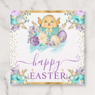 Étiquettes Cadeau Mignon floral à l'aquarelle Poussin et Œufs de Pâq