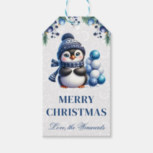 Étiquettes-cadeau Mignon manchot avec ornements bleus de Noël