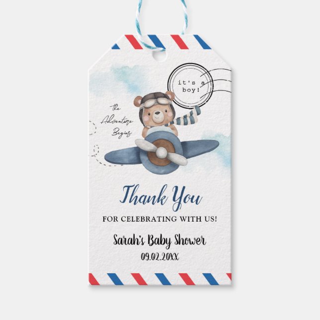 Étiquettes-cadeau Mignonne Bear Plane Aventure Commence Baby shower  (Devant)