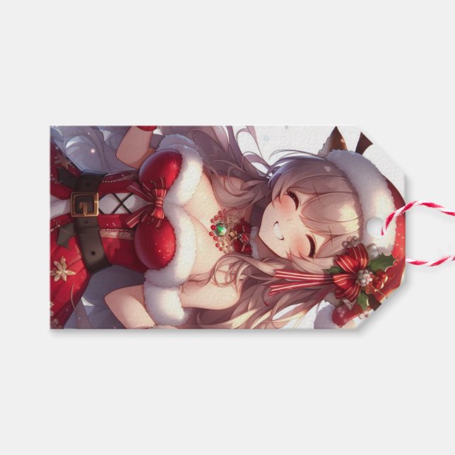 Étiquettes-cadeau mignonne fille de Noël anime (Devant (Horizontal))
