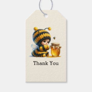 Étiquettes-cadeau Mignonne fille en costume d'abeille avec Merci de 