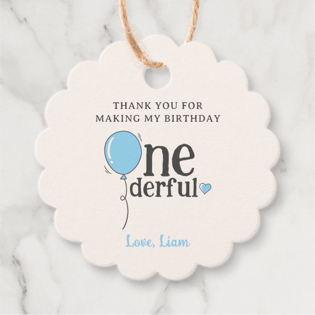 Étiquettes Cadeau Mignonne M. Onederful Merci Bleu Balloon (Devant)