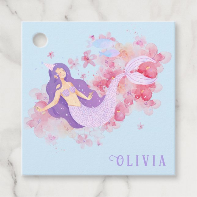 Étiquettes Cadeau Mignonne sirène rose sous la mer pour les petites  (Devant)