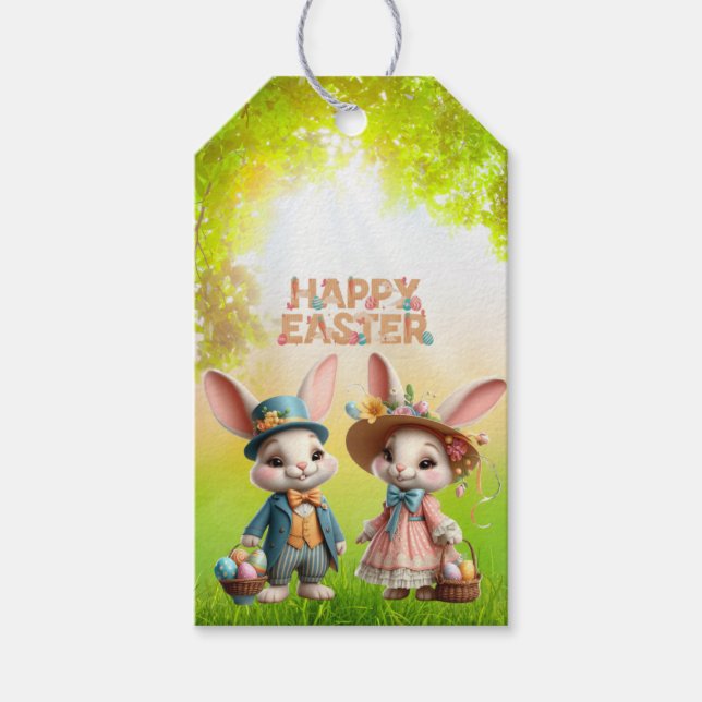 Étiquettes-cadeau Mignonne, Whimsical Joyeuse Pâques avec 2 lapins (Devant)
