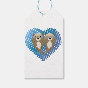 Étiquettes-cadeau Mignonnes loutres au coeur bleu dans l'Arrière - p