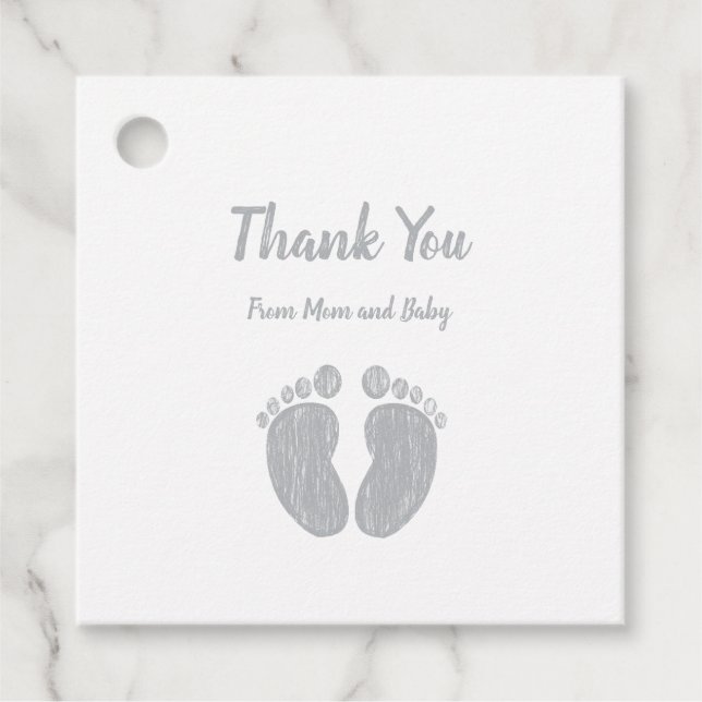 Étiquettes Cadeau Mignons Baby shower Merci Décontracté Gris Emprein (Devant)