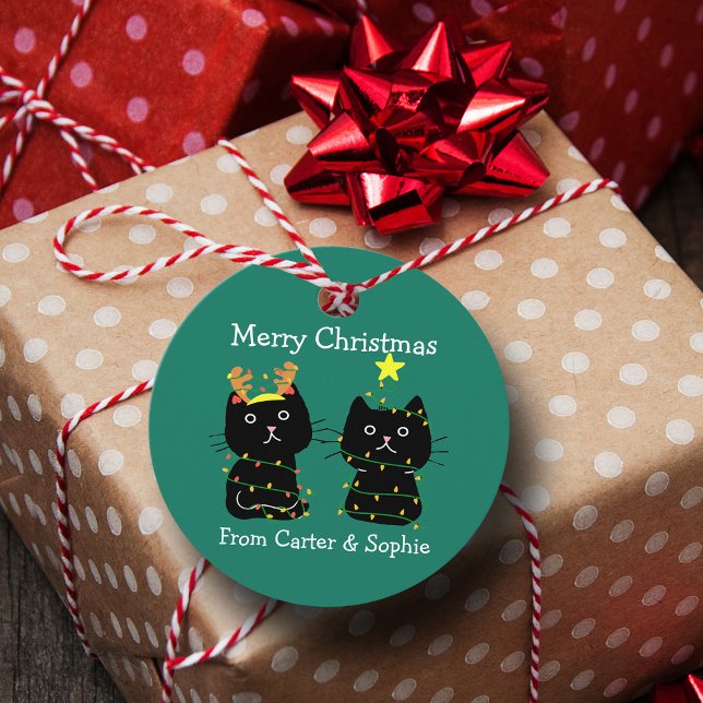 Étiquettes Cadeau Mignons deux chats lumières de Noël Vert personnal (Créateur téléchargé)