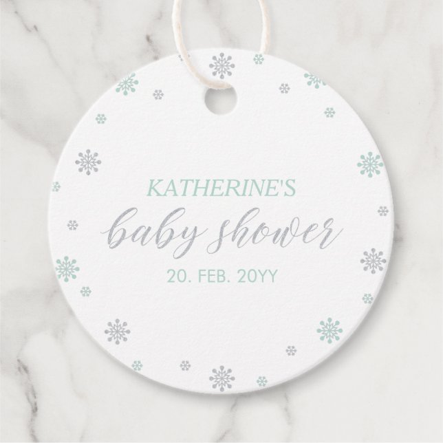 Étiquettes Cadeau Mint & Silver Winter Wonderland Baby shower (Devant)