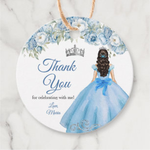 Étiquettes Cadeau Mis Quince Bleu Floral Argent Couronne Quinceañera