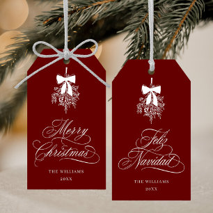 Étiquettes-cadeau Mistletoe Joyeux Noël   Feliz Navidad Red
