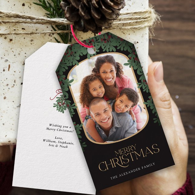 Étiquettes-cadeau Mistletoe vert d'hiver arrondi Photo Noël (Créateur téléchargé)