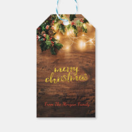 Étiquettes-cadeau Mistletoe verte, Lumières à cordes, Noël en bois