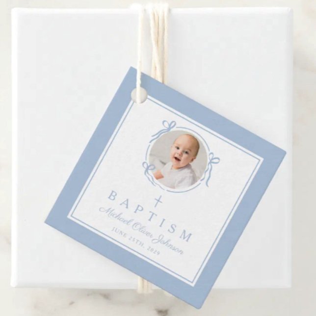 Étiquettes Cadeau Modern Blue Boy Baptism Photo (Modern Blue Boy Baptism Photo Favor Tags)