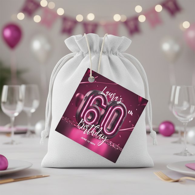 Étiquettes Cadeau Modern Glam Chic Hot Pink Neon 60th Birthday Party (Créateur téléchargé)