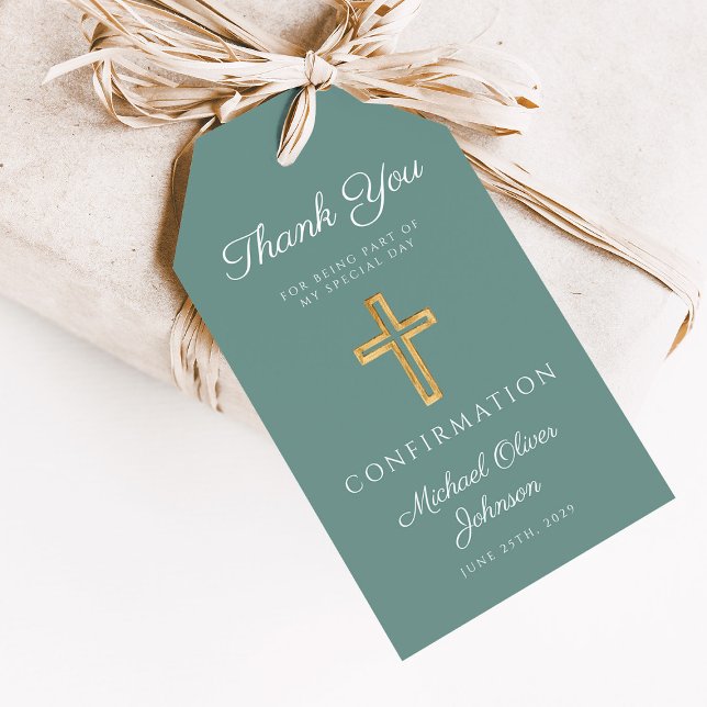 Étiquettes-cadeau Modern Green Religious Cross Boy Confirmation (Modern Green Religious Cross Boy Confirmation Gift Tags)