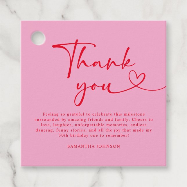 Étiquettes Cadeau Modern Pink and Red 30th Birthday Thank You (Devant)