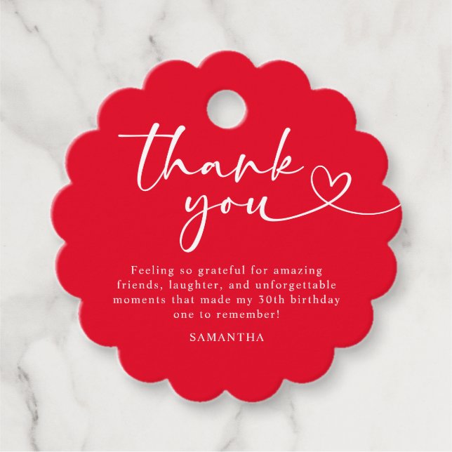 Étiquettes Cadeau Modern Red and White 30th Birthday Thank You (Devant)
