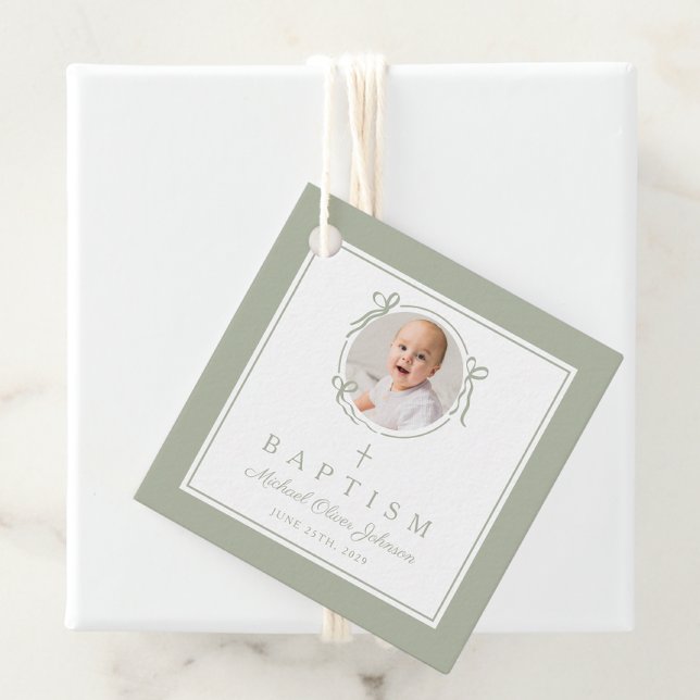 Étiquettes Cadeau Modern Sage Green Baptism Photo (Modern Sage Green Baptism Photo Favor Tags)