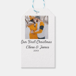 Étiquettes-cadeau Moderne boho notre première photo de Noël nom du c