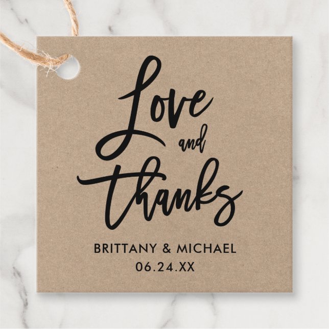 Étiquettes Cadeau Moderne Brush Script Amour et Merci Kraft Mariage (Devant)
