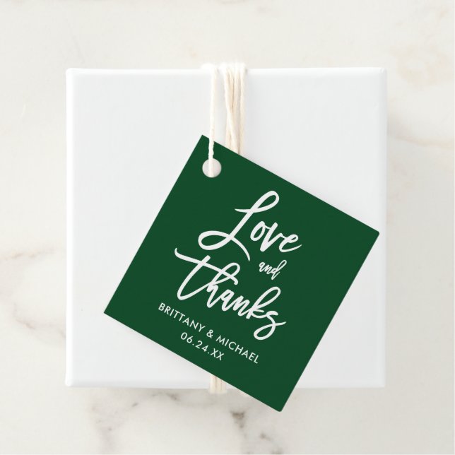Étiquettes Cadeau Moderne Brush Script Amour et Merci Mariage Green (En situation)