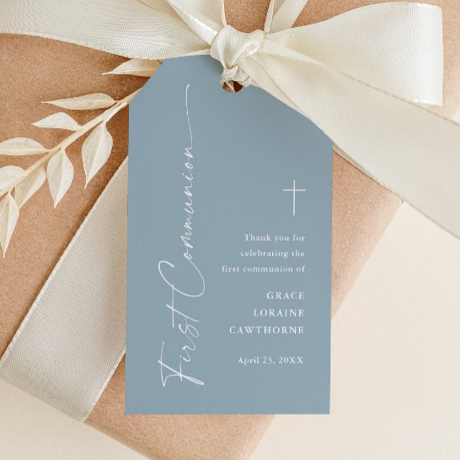 Étiquettes-cadeau Moderne Dusty Blue Boys Baptême Merci Favoriser (Modern script dusty blue boho first communion thank you favor tags.)