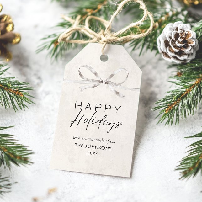 Étiquettes-cadeau Moderne élégant minimal Bow Joyeux vacances famill (Elegant boho Happy Holidays gift tag with coquette bow. Beautifully refined in a neutral palette.)