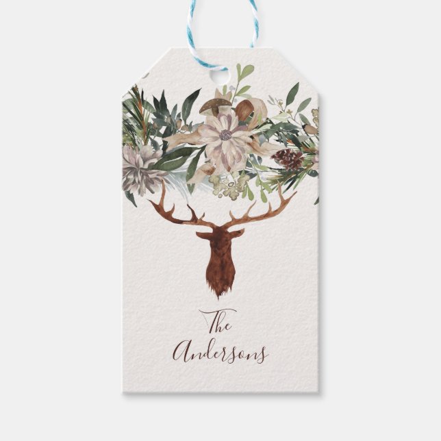 Étiquettes-cadeau Moderne feuillage fleuri rustique vacances de cerf (Devant)