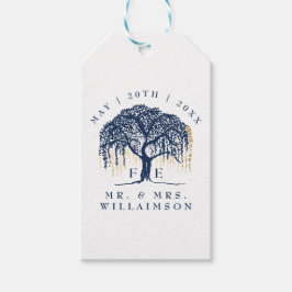 Étiquettes-cadeau Moderne Gras Willow Tree Marine Blue Gold Mariage