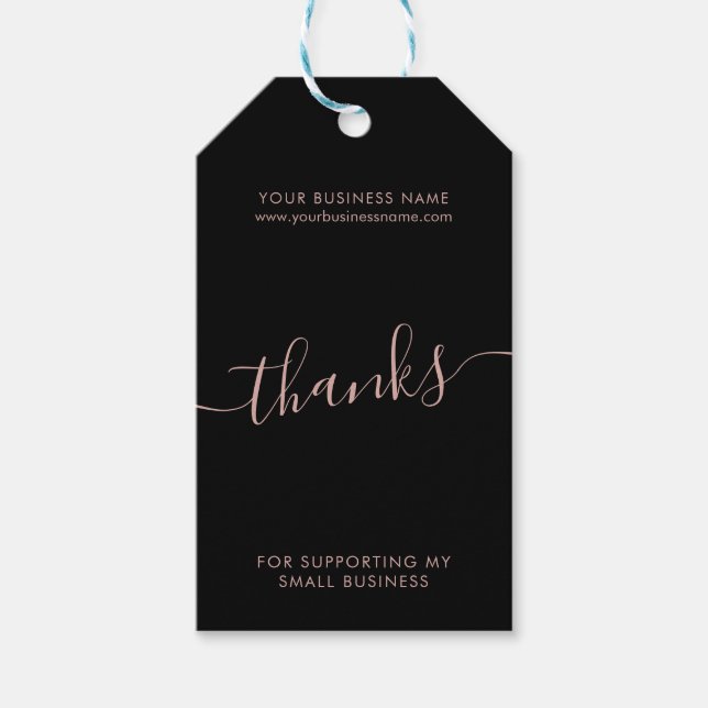 Étiquettes-cadeau Moderne noir rose or script entreprise merci (Devant)