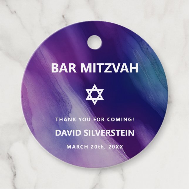 Étiquettes Cadeau Moderne violet bleu étoile David Bar Mitzvah hébre (Devant)