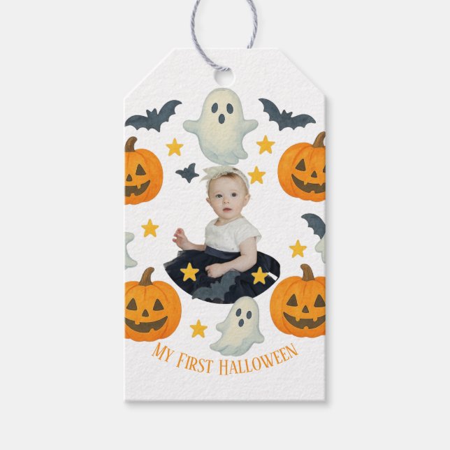 Étiquettes-cadeau Mon premier Halloween | Mignonne Citrouille et cou (Devant)