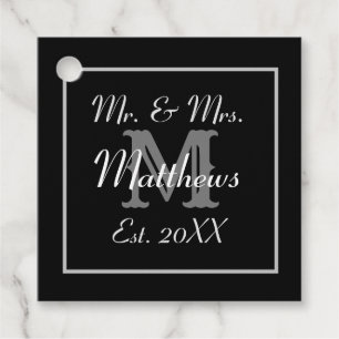 Étiquettes Cadeau Monogram Black & White Est. Mariage de date
