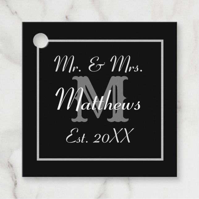 Étiquettes Cadeau Monogram Black & White Est. Mariage de date (Devant)