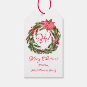 Étiquettes-cadeau Monogram Christmas Poinsettia Wreath