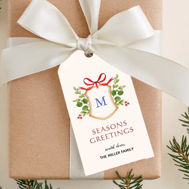 Étiquettes-cadeau Monogram Crest avec verdure Vacances (Créateur téléchargé)