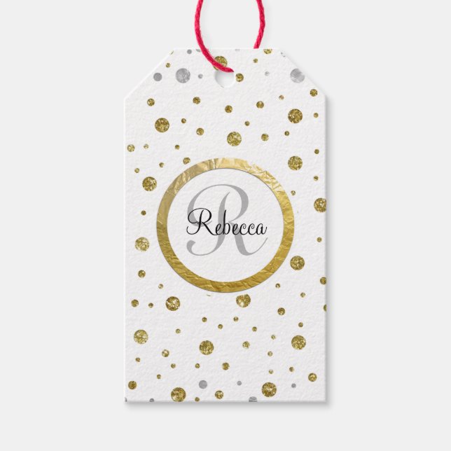 Étiquettes-cadeau Monogram Gold Leaf Print Silver Confetti (Devant)