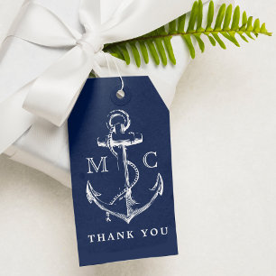 Étiquettes-cadeau Monogram Marine Bleu Ancre nautique Merci
