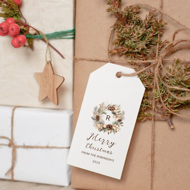 Étiquettes-cadeau Monogram Pinecone & Sage Green Wreath Holiday (Créateur téléchargé)