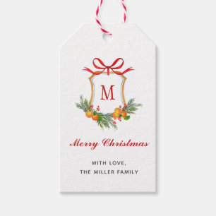 Étiquettes-cadeau Monogramme avec oranges et Noël vert