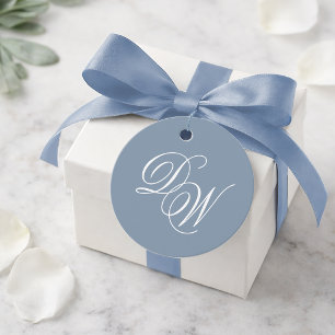 Étiquettes Cadeau Monogramme Bleu Poussiéreux Mariage Écriture Éléga