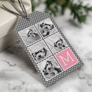Étiquettes-cadeau Monogramme Collage Photo Gris et Rose 5