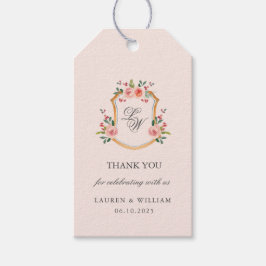 Étiquettes-cadeau Monogramme Crest avec fleurs mariage