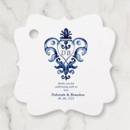Étiquettes Cadeau Monogramme Crest Mariage Delft bleu et blanc