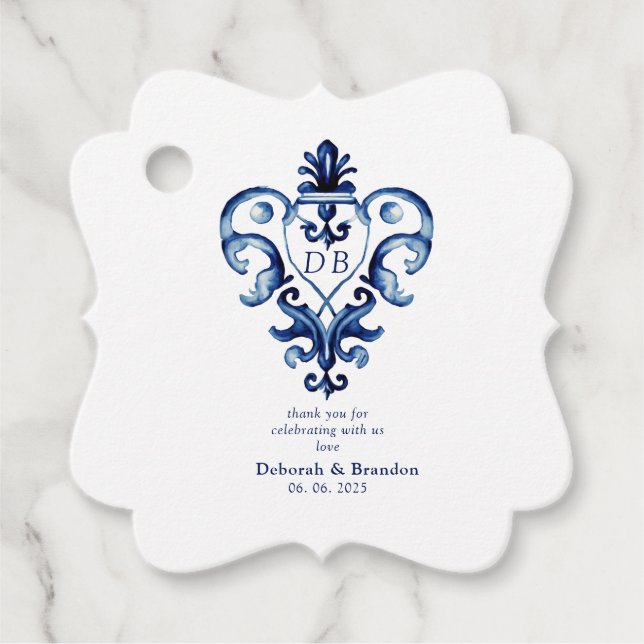 Étiquettes Cadeau Monogramme Crest Mariage Delft bleu et blanc (Devant)