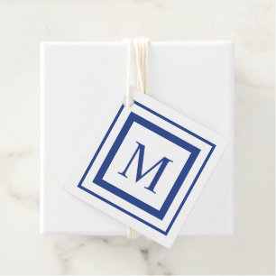 Étiquettes Cadeau Monogramme de bordure carré bleu et blanc