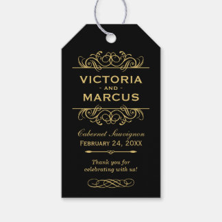 Étiquettes-cadeau Monogramme de bouteille de vin Mariage noir et or