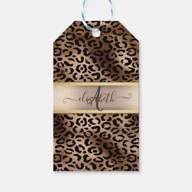 Étiquettes-cadeau Monogramme de bronze noir Motif léopard (Devant)